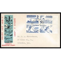 canada stamp 368a recreation sports 4 x 5 1956 FDC BLOCK 019