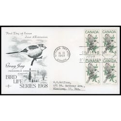 canada stamp 478 gray jays 5 1968 FDC BLOCK 028