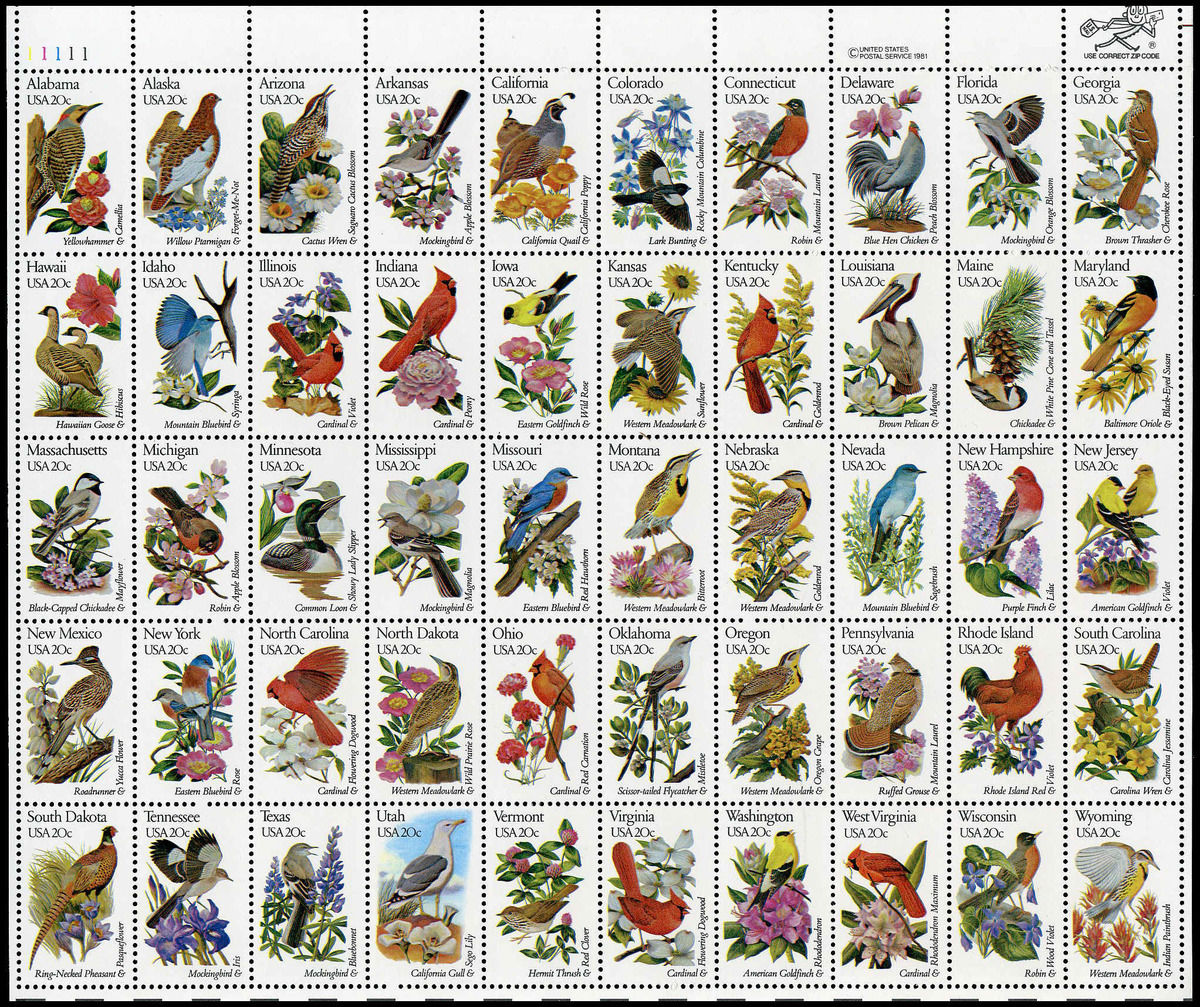 Buy United States Complete Sheet US #2002c complete sheet of 50 State Birds &amp; Flowers | Vista Stamps