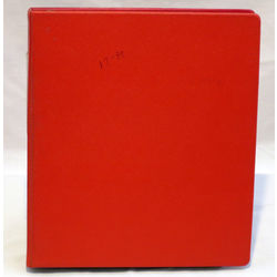 a 3 ring used red binder with 50 two pocket black pages