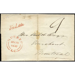stampless cover of april 10 1847 from quebec to montreal stamping too late