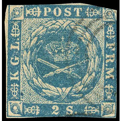 denmark stamp 3 royal emblems dotting in spandrels 1855