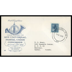 canada stamp 371 parliament buildings 5 1957 FDC PC 003